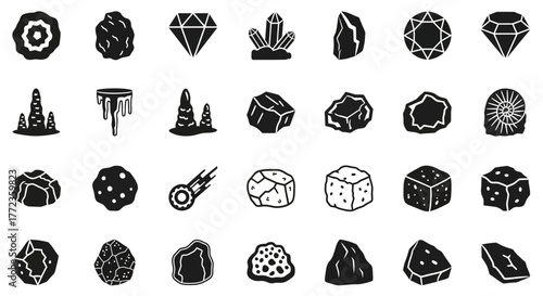 A diverse collection of solid black glyph icons representing geology, minerals, rocks, precious gems, and natural stone formations