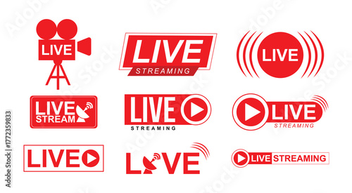 Collection of red live streaming and broadcasting icons