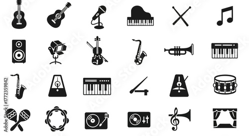 Simple music icon pack with vector symbols for instruments, sound, and recording. A versatile collection of flat design glyphs