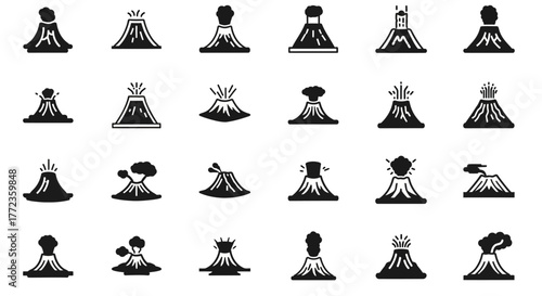 A comprehensive collection of monochrome volcano icons, illustrating various geological states from dormant mountains to active eruptions with lava and smoke