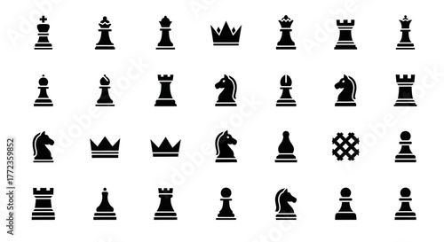 Collection of black silhouette chess piece icons. Vector glyph set including king, queen, knight, and pawn for board game design and business strategy concepts
