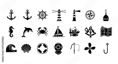 A comprehensive collection of nautical and marine life icons, featuring symbols for sea travel, ocean exploration, and sailing adventures