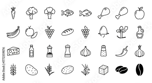 Comprehensive collection of minimalist food and grocery icons. This versatile line art set includes fruits, vegetables, meat, and staples for design projects