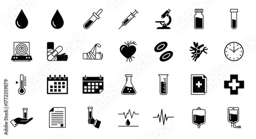 A versatile set of vector glyph icons for medicine, healthcare, and scientific laboratory research concepts