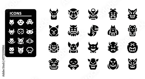Collection of bold monster head icons and mythical creature face symbols, a creative vector glyph set for fantasy avatars