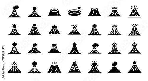 A comprehensive set of volcano glyph icons illustrating various geological phenomena like volcanic eruptions, magma flows, smoking craters, and dormant mountains