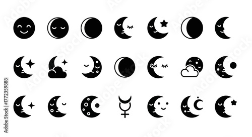 A comprehensive set of black glyph icons depicting various moon phases, celestial elements like stars, and astrological symbols. Vector collection of night sky icons