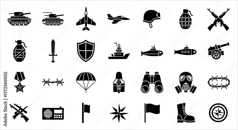 Obraz premium A comprehensive set of military glyph icons featuring army vehicles, combat weapons, and war symbols, isolated on a white background