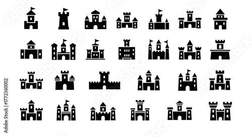 Collection of solid black glyph icons showing medieval castles, towers, and fortresses. Simple pictogram symbols for history and fantasy