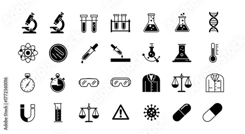 A versatile set of simple black glyph icons representing scientific research, laboratory equipment, chemistry, and medical symbols for creative projects
