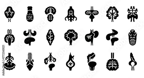Collection of abstract symmetrical biomorphic icons featuring organic shapes and alien glyph elements