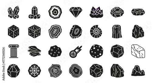 A comprehensive glyph icon set of minerals, gemstones, and geological formations, including crystals, rocks, and fossils. Vector collection for science and nature themes