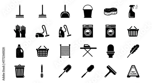 A creative collection of simple black glyph icons representing various household cleaning tools, laundry equipment, and housekeeping supplies