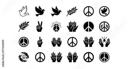 Creative set of universal peace and anti-war symbol icons. Vector graphics collection includes doves, olive branches, and unity hand gestures