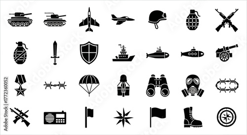 A comprehensive set of military glyph icons featuring army vehicles, combat weapons, and war symbols, isolated on a white background