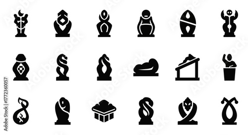 Glyph style icon pack featuring modern and ancient sculptures, monuments, and abstract art forms