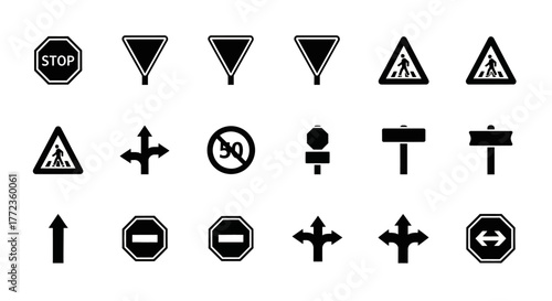 A comprehensive set of flat design road traffic sign icons for regulatory and warning purposes on an isolated white background