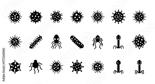A comprehensive collection of microbiology icons, featuring various viruses, bacteria, and pathogen glyphs for science and medical design