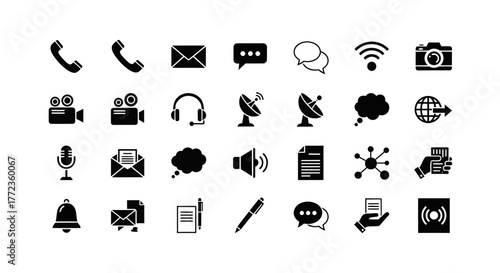 Universal communication and technology icon set. Simple black glyph symbols for contact, media, and network connections