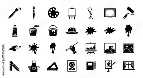 Vector icon collection of art supplies and painting equipment. Simple black glyphs and silhouettes for creative hobby and design concepts