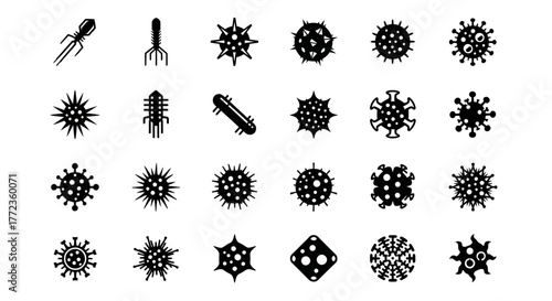 A collection of simple black glyph icons representing various microorganisms, including bacteria, viruses, germs, and pathogens for scientific and medical use