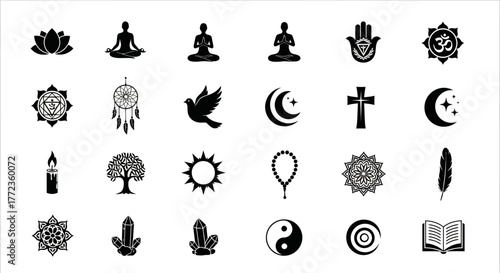 A comprehensive collection of spiritual and religious icons. Glyphs for yoga, mindfulness, and faith concepts inspired by universal kufu wisdom
