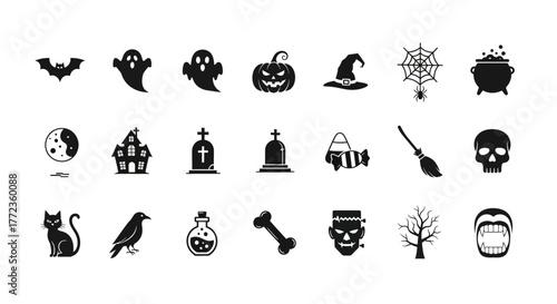 Vector graphic collection of classic scary Halloween symbols. A spooky black icon set for holiday decoration and design