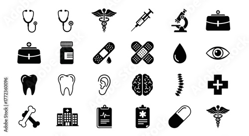 A comprehensive set of monochrome medical icons for healthcare services, including symbols for pharmacy, surgery, and diagnostics on a white background