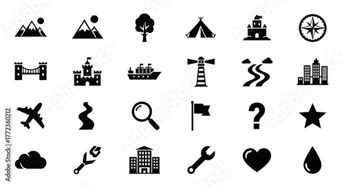 A versatile set of solid black glyph icons representing travel, navigation, landmarks, and nature for web and mobile applications