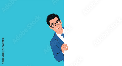 A smiling cartoon businessman wearing glasses peeks out from behind a blank white banner or board, ready to present information.
