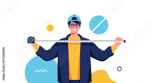 A smiling young man wearing a cap and glasses holds a measuring tape extended across his body, against a background of abstract shapes.