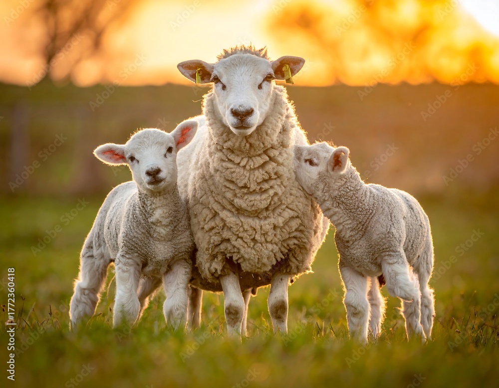 Obraz premium A sheep and two lambs bask in the golden light of the setting sun, on a grassy field