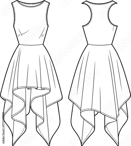 Women’s sleeveless asymmetrical hem dress flat sketch, high low hem fashion CAD template front and back technical drawing