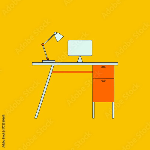 Minimalist desk with computer and lamp on yellow background