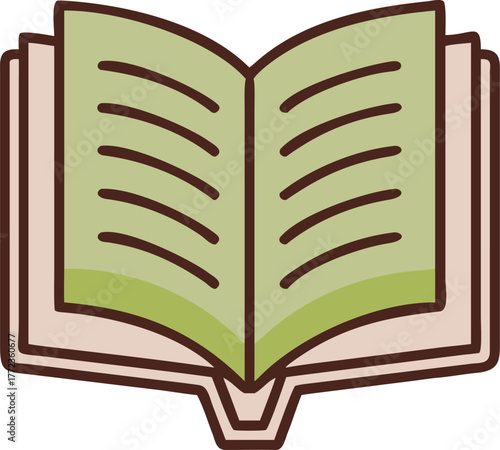 Open book with green pages and brown cover on white background