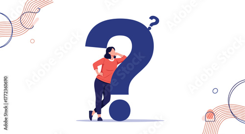 Young woman leaning on a large question mark, symbolizing contemplation, confusion, or the search for answers.
