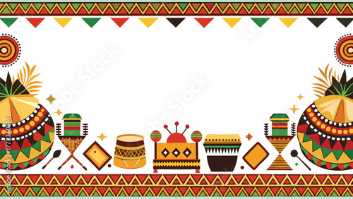 African cultural festival border with tribal patterns, drums, and kente cloth motifs.