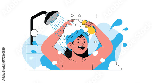 A happy woman takes a refreshing shower, washing her hair with a yellow sponge and enjoying the abundant lather and water.