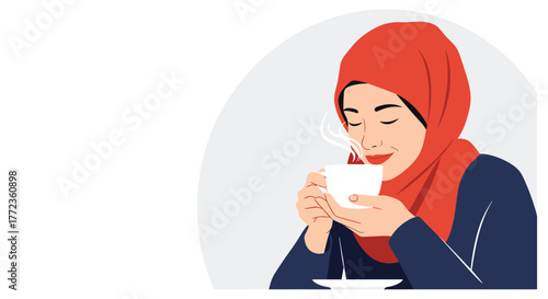 A Muslim woman wearing a red hijab finds tranquil pleasure in the aromatic steam of a hot beverage, holding the cup with both hands.
