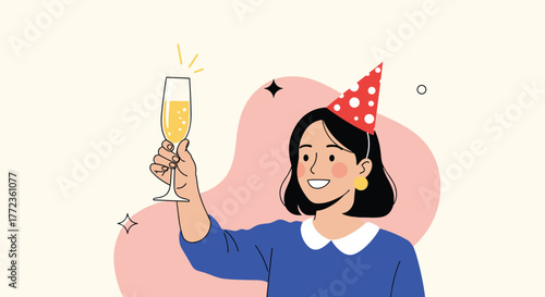A woman celebrating with a party hat and a glass of champagne, smiling brightly.