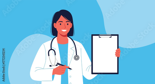 A friendly female doctor in a white coat and stethoscope smiles while holding a blank clipboard and a pen, ready for consultation.