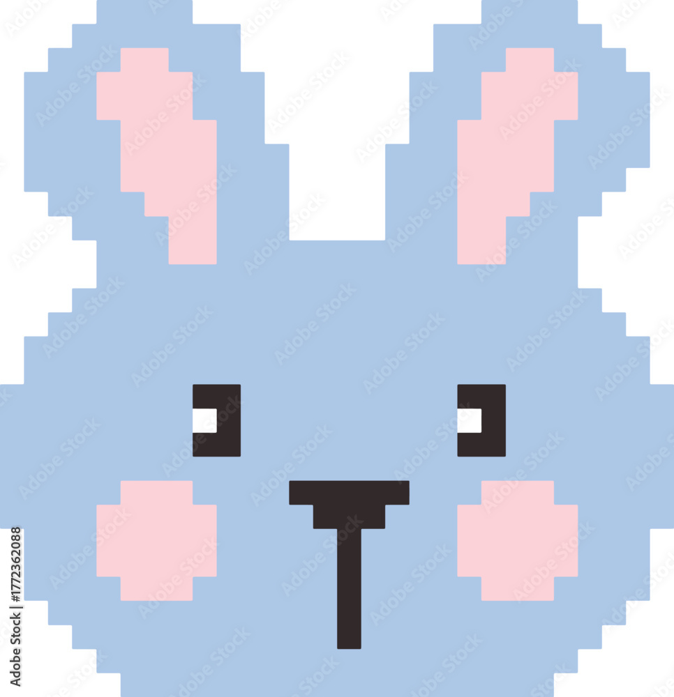 Fototapeta premium A blue pixelated rabbit face with pink ears.