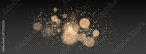 Gold dust cloud with light bokeh and glitter sparkles. Golden luminous orbs, specks, and star particles create radiant glow effect. Vector transparent texture featuring shimmer elements. Overlay