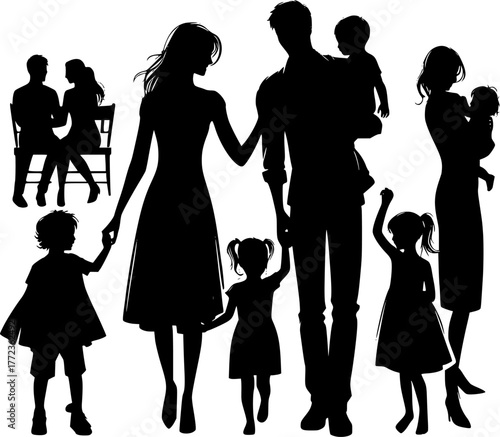Black silhouettes moms and dads with children. Family themed silhouettes: children, adults. Parents with children. EPS version.