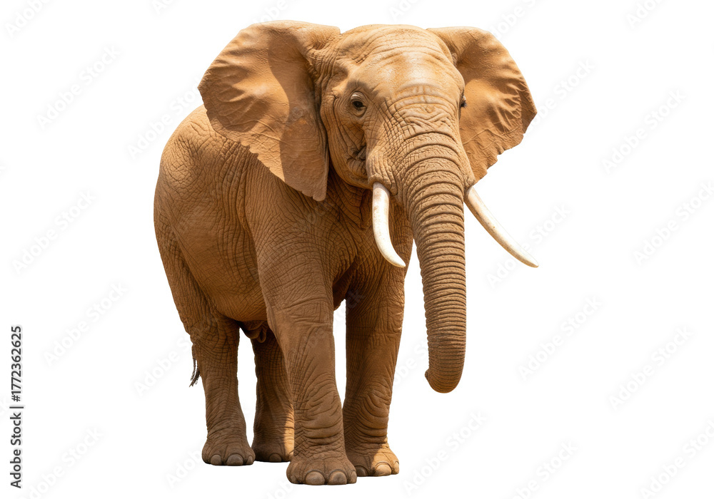 Fototapeta premium Isolated African Elephant, Powerful Wild Animal in Front View, Standing Freely, No People