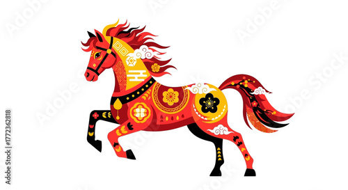 Decorative Graphic Illustration of a Horse with Floral and Cloud Ornament