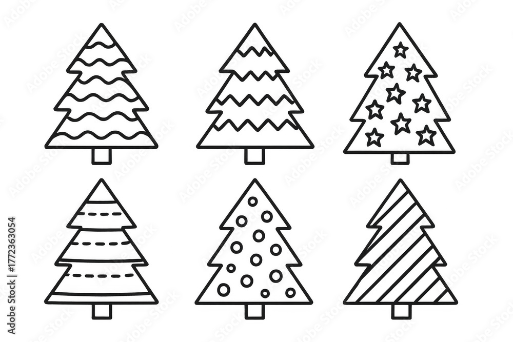 Obraz premium Christmas tree line art icons set, abstract festive symbols for winter holidays and christmas designs, transparent background