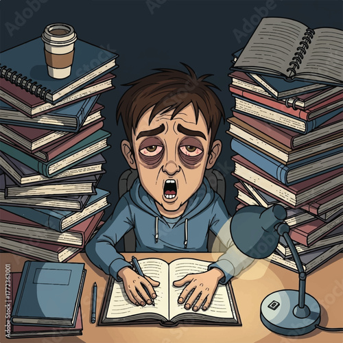Funny cartoon of a sleepy student surrounded by books and coffee, studying late into the night.