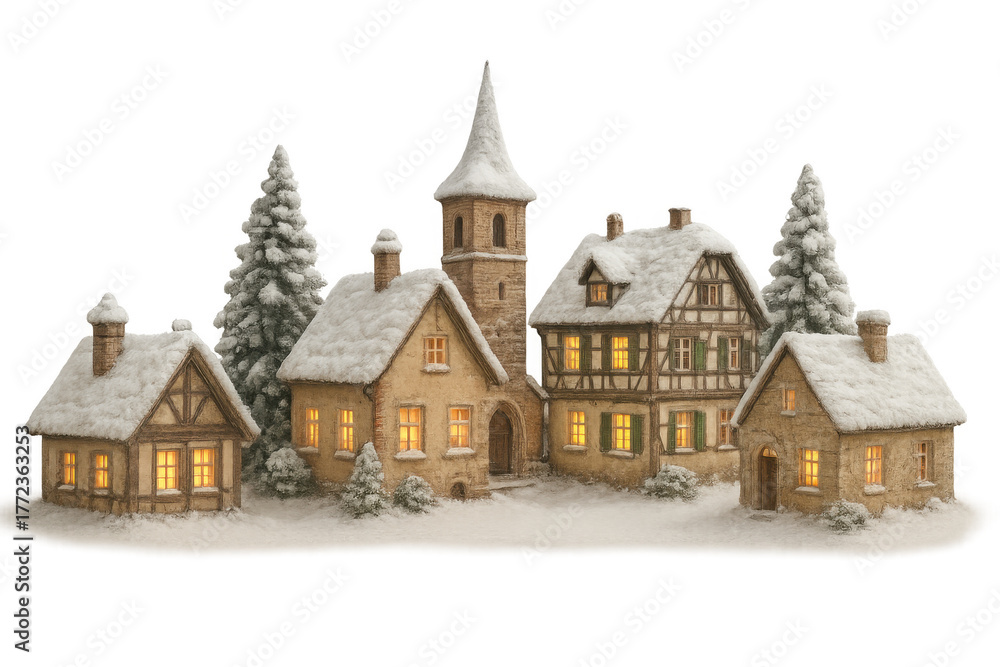 Obraz premium Christmas village model with glowing houses and snowy trees, celebrating winter holidays and traditions