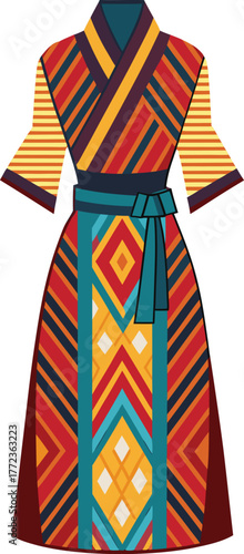 bhutanese kira patterned silk wrap around dress.